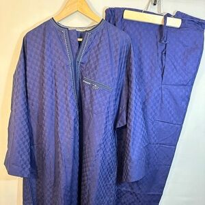 African Bazin Mens Clothing 2 Piece Embroidered Kaftan Shirt Pants Blue Pockets